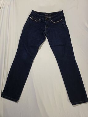 Stylish dark wash jeans by Michael Kors featuring gold stud detailing along the